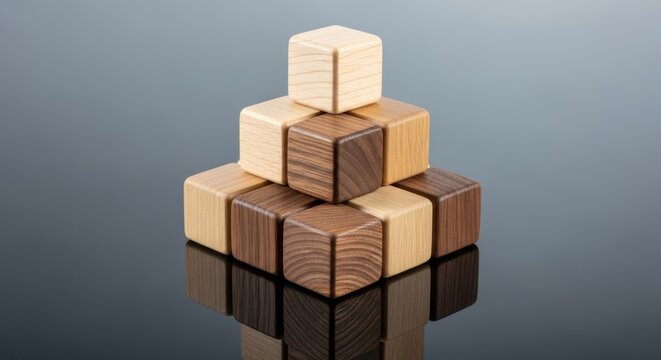 Building blocks of success stacking upwards creating a stable pyramid of polished wood on reflective surface