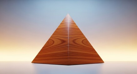Stunning polished wooden pyramid symbolizing stability and achievement against a soft gradient sky, perfect for business concepts.