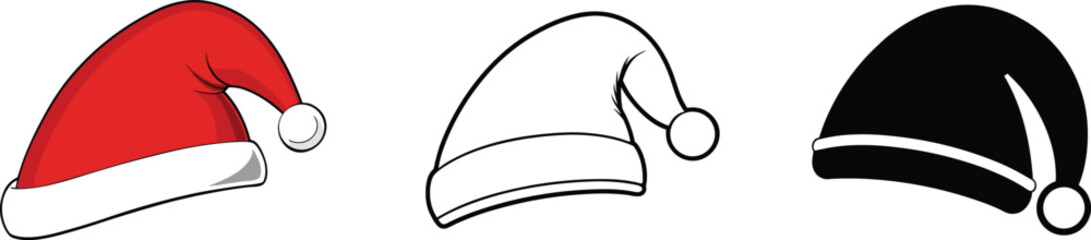 Santa hat icon set. Santa hat illustration set in color, outline, and silhouette versions,