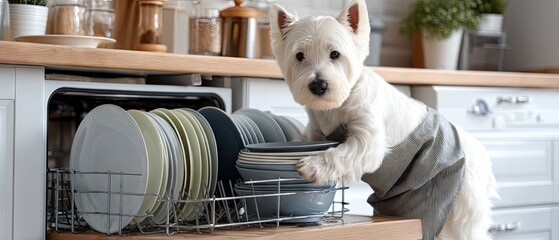 Dog helps with dishwashing in a cozy kitchen, adding charm to the daily chores in a bright and inviting home setting