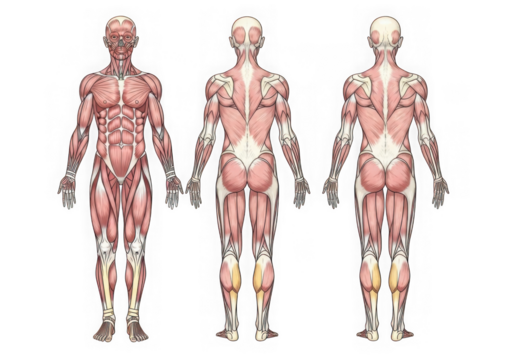 Detailed anterior posterior and lateral views of human musculature anatomy isolated on transparent background