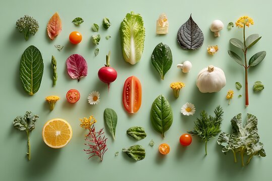 Flat lay arrangement of various fresh vegetables and herbs on a light green surface - Powered by Adobe