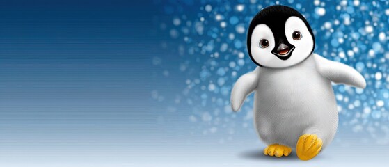 Cute animated penguin character dancing happily against a snowy blue background during a winter celebration