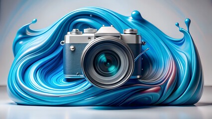 Vintage camera surrounded by a swirl of blue paint in a studio setting