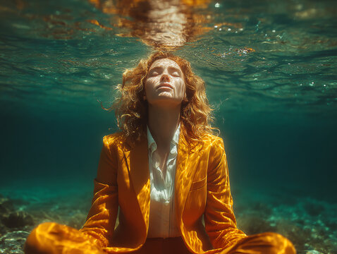 A person in an orange suit is sitting underwater with their eyes closed, surrounded by sunlit water and bubbles.