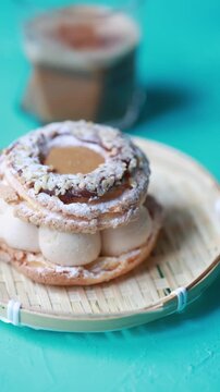 Close-Up of Pistachio and Pumpkin Christmas Paris-Brest Dessert