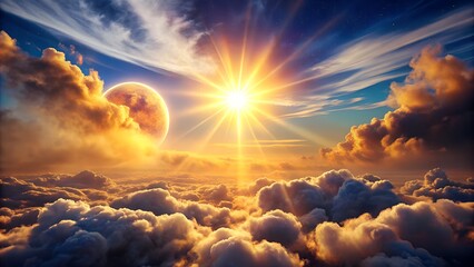 Sun shining brightly above the clouds with a planet in the distance