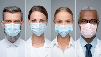 medicine profession and healthcare concept close up of doctors faces in medical masks over grey background no logos no brands ar 169