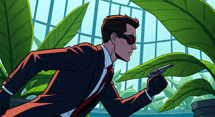 Dynamic comic book style illustration of a special agent with a firearm moving cautiously among tropical plants