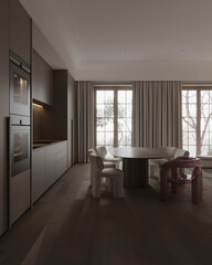 Modern dining area with large window, minimalist furniture, and neutral tones. Elegant and cozy home interior.