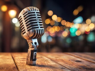 Old Fashioned Microphone Rustic Wooden Table Bokeh Lights Dimly Lit Performance Area Stage Equipment Shiny Chrome Audio Instrument Dark Background Vintage Design