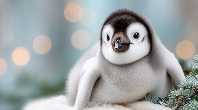 Cute baby penguin resting on a cozy blanket surrounded by pine branches and soft lights during winter season - Powered by Adobe