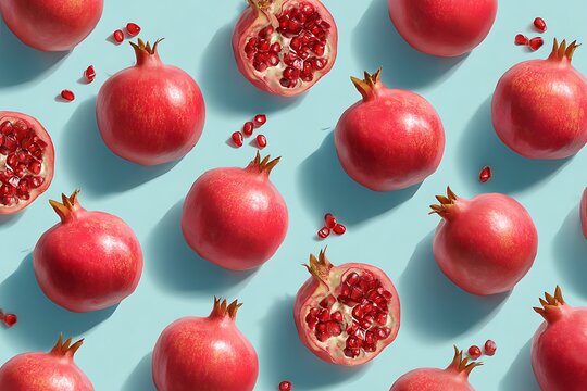 A vibrant pattern of whole and halved pomegranates on a light blue background view