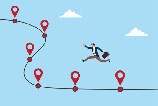 Vector illustration of a businessman leaping forward along a winding path marked with location pins, symbolizing career progress, goal achievement, and journey toward success
