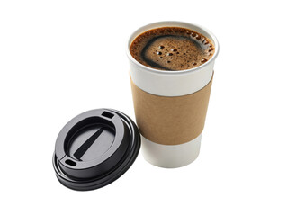 Aromatic coffee in a disposable cup with lid isolated on transparent background, offering a convenient and flavorful beverage experience for onthego enjoyment and quick refreshment