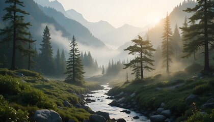 Misty Mountain Valley with Pine Trees and Morning Sunlight