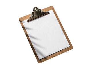 Clipboard with blank paper isolated on transparent background, casting a shadow, symbolizing organization, documentation, and administrative tasks in office settings