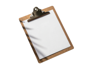 Clipboard with blank paper isolated on transparent background, casting a shadow, symbolizing organization, documentation, and administrative tasks in office settings
