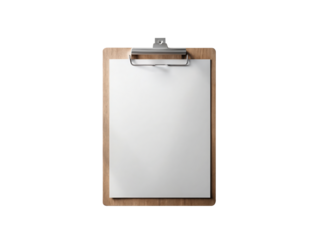 Clipboard with blank paper isolated on transparent background, symbolizing organization, documentation, and administrative tasks in office settings, healthcare, or educational environments