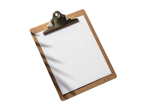 Clipboard with blank paper isolated on transparent background, casting a shadow, symbolizing organization, documentation, and administrative tasks in office settings