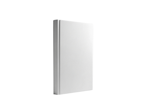Closed white book mockup isolated on transparent background shows a blank front cover, perfect for displaying titles, authors, or designs in a simple and clean manner