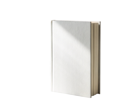 Closed white book mockup isolated on transparent background features a blank front cover, ideal for showcasing titles, authors, or designs in a minimalist style