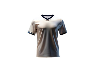 Closeup of a white vneck tshirt with navy blue trim, isolated on transparent background, perfect for showcasing apparel designs and athletic wear in a clean and modern style