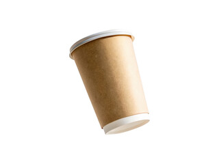 Disposable brown paper cup with white lid isolated on transparent background, perfect for coffee, tea, or any hot beverage, showcasing its ecofriendly and sustainable design