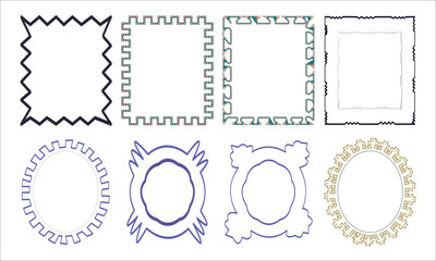 set of vintage and doodle style border frames with scalloped and wavy edges, hand drawn colorful border collection. Elegant retro empty banner, poster, placard, postal stamp.