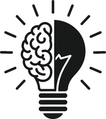 Brain and light bulb creativity concept, minimalist black vector idea icon