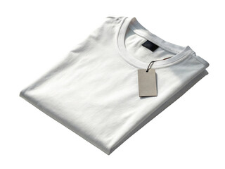 Folded white tshirt with a tag isolated on transparent background, showcasing its clean design, soft fabric, and comfortable fit for everyday wear and versatile style