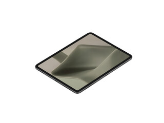 Isometric view of a modern tablet showcasing a minimalist chair design on the screen, isolated on transparent background, ideal for demonstrating technology and interior design concepts