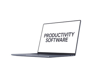 Laptop displaying the words productivity software isolated on transparent background, representing digital tools, efficiency, and innovation in modern work environments and personal task management