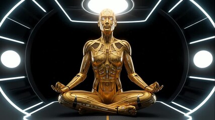 Luxurious futuristic meditation, golden android embracing inner calmness, sleek humanoid immersed in peaceful reflection, shiny robot practicing tranquility within advanced luminous environment - Powered by Adobe