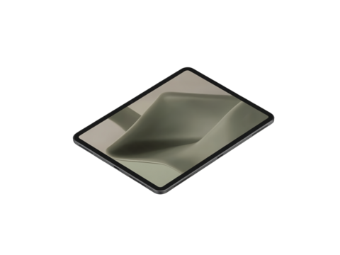 Isometric view of a modern tablet showcasing a minimalist chair design on the screen, isolated on transparent background, ideal for demonstrating technology and interior design concepts