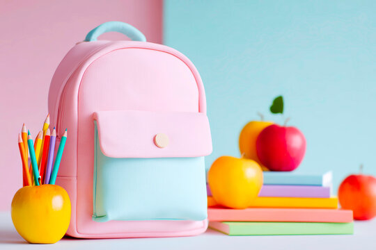 Backpack with colored pencils books and apple isolated transparent