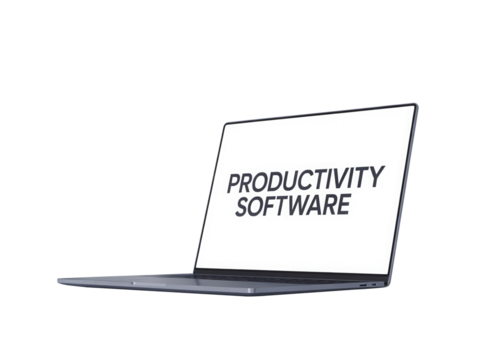 Laptop displaying the words productivity software isolated on transparent background, representing digital tools, efficiency, and innovation in modern work environments and personal task management