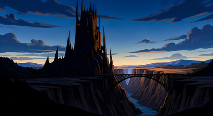 Epic castle on a cliff overlooking a gorge at sunset with a bridge spanning the chasm