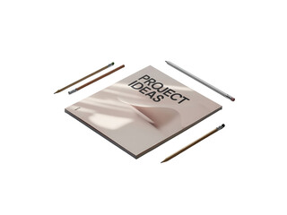 Project ideas notebook with pencils isolated on transparent background, symbolizing creativity, planning, and brainstorming, ideal for design, business, and educational concepts in a modern style