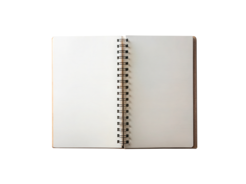 Open spiral notebook with lined pages isolated on transparent background, perfect for writing, drawing, or notetaking, ideal for creative projects and planning