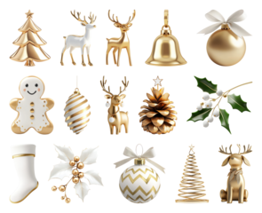 PNG Elegant gold Christmas decorations collection, element set on transparent background