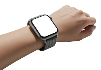 Smartwatch with a blank white screen displayed on a wrist, isolated on transparent background the watch has a gray band and a square face, ready for customization