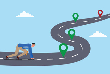 Vector illustration of a businessman starting on a winding road with location markers, symbolizing career journey, progress, milestones, and path to success concept
