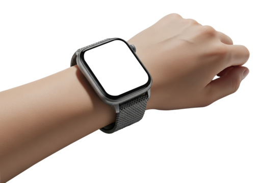 Smartwatch with a blank white screen displayed on a wrist, isolated on transparent background the watch has a gray band and a square face, ready for customization