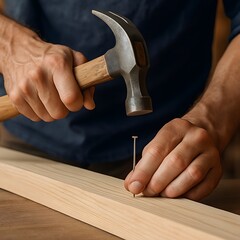 The craftsman hammers a nail into the board