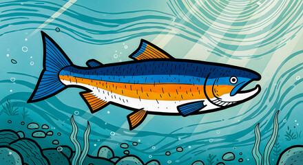 Vibrant Illustration of a Salmon Swimming Underwater in a Sunlit Environment