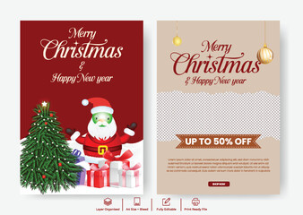 Christmas Celebration and New Year Party Flyer and Poster Template, Holiday Sale, Festive Discount Offer, Christmas Brochure, leaflet for Event Promotion with 3d Santa, gift box tree illustration