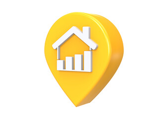 Yellow location pin with house and graph isolated on transparent background
