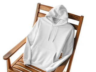 White hoodie sweatshirt on a wooden chair, isolated on transparent background, showcasing casual apparel for fashion and comfort