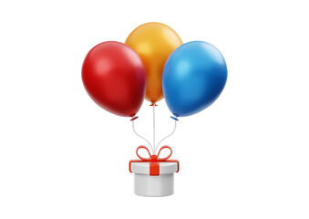 Gift box with balloons isolated on transparent background for birthday celebration